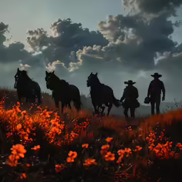 a group of people and horses standing on top of a field
