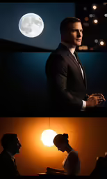 two shots of a man wearing a suit in front of a bright moon