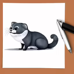 a black and white cat sitting on a white paper with a pen next to it