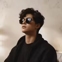 a man wearing sunglasses while sitting on a couch