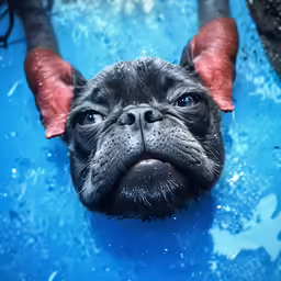 a puppy with red eyes laying on blue surface