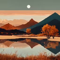 an artistic painting of mountains reflecting in the water,a view of an image of trees and mountains on a sunset