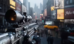 an ar - 15 rifle mounted in a downtown scene