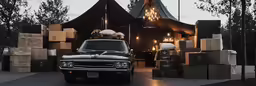 truck with large boxes, lights and decor in front of a tent