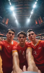 three basketball players posing in front of an audience