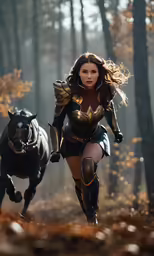 a woman wearing a suit while running around the woods