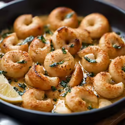 small shrimp in a pan with a lemon wedge