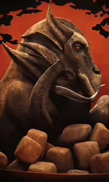 a painting of a strange animal and rocks