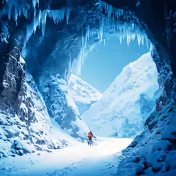 two men skiing in a snowy cave with icicles hanging over