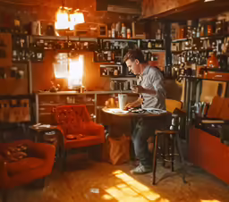 a man sitting on top of a table in front of a cup