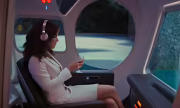 a young woman wearing headphones and glasses is sitting in an airplane looking at her cell phone