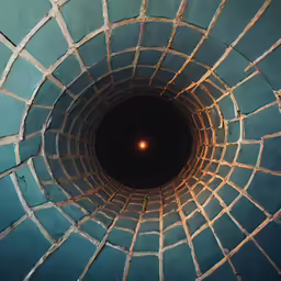 the interior of a blue brick light at night