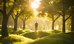 a man running through the park under a light