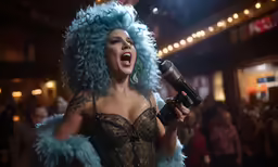 the woman is singing on the microphone in the room