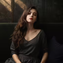 a woman in a black dress sitting on a couch