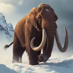 the huge mammoth is walking across the snow