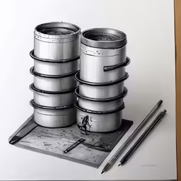 some big tins on a plate by some markers