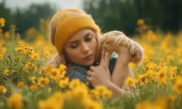 woman with blonde hair holding her dog in the flowers