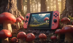 an orange and black handheld gaming unit in the forest
