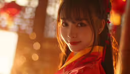 a woman is dressed in traditional dress with a fan,a woman in a red and yellow asian dress