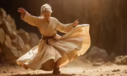 the young person in white robes is dancing with a cloth