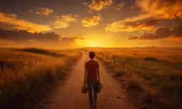 a man walks down the road carrying his luggage in front of the sun