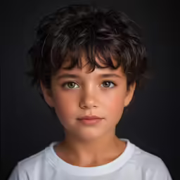 a little boy with curly hair and a white t - shirt