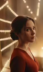 a woman with short hair stands in front of a backdrop of lights