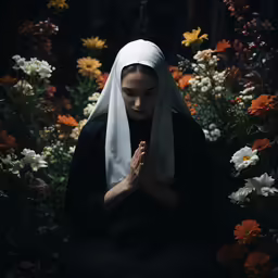 a nun kneeling and praying among flowers