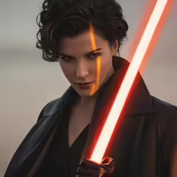 a woman with dark hair holding a bright light saber
