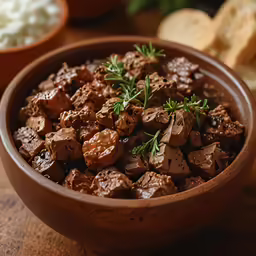 a brown bowl filled with food on top of a table