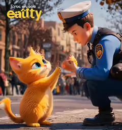 a man sitting next to a cat in front of a street