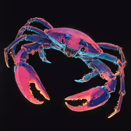 a pink crab, with two black claws, sits in the water