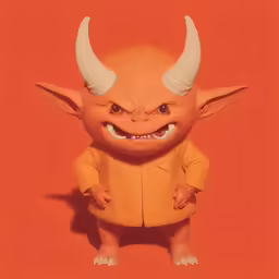 a weird doll standing against a red backdrop