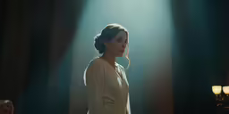 a woman standing in the middle of a room with a light shining down