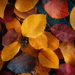 a beetle crawling between two autumn leaves