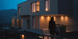 the back side of an apartment at night with windows lit