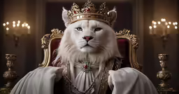 a white cat with a crown on its head is sitting in a large chair