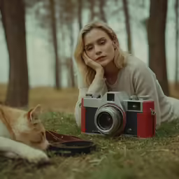 a woman laying on the ground with an old camera