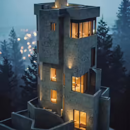 an unusual house sitting atop a mountain with lots of windows and a view