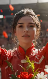 a young woman holds up two hands with a medal on top of her