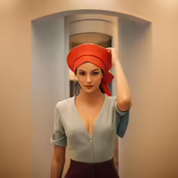 the woman is wearing a red hat in the mirror