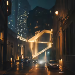 cars drive through the city streets at night