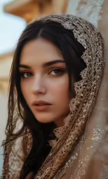 a woman with a head scarf around her neck