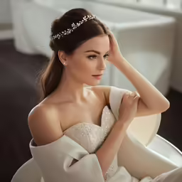 a woman in a white dress with a tiara is posing for a photo