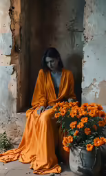 a woman sitting down in a doorway with orange flowers