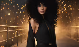a woman with big curls standing outside in a dark room