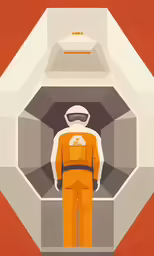 a man in an orange suit stands inside of a spaceship