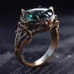 an intricately designed gold and green ring