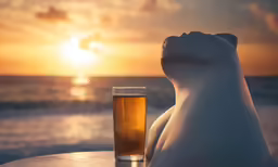 there is a bear statue next to a glass of beer